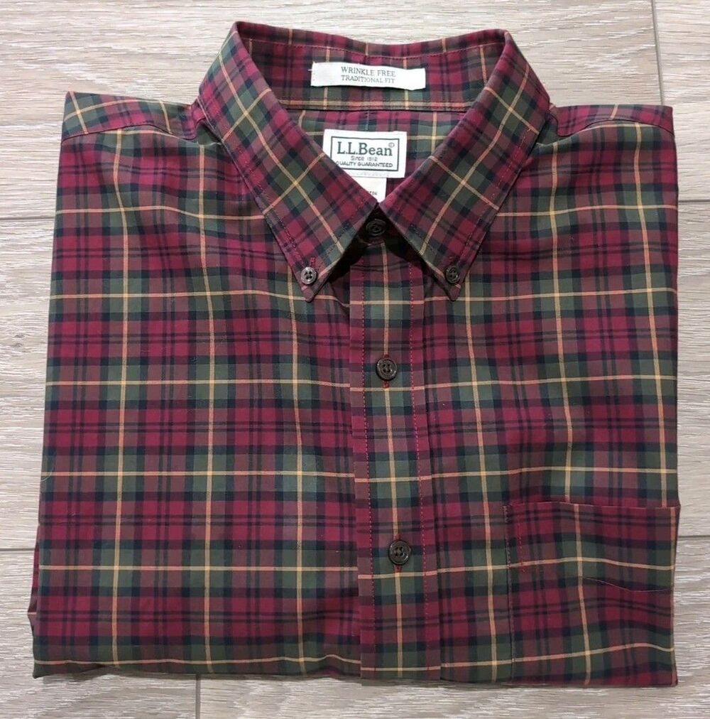VINTAGE LL BEAN CLASSIC RED PLAID LONG SLEEVE MEN'S SHIRT IN SIZE L-TALL EUC